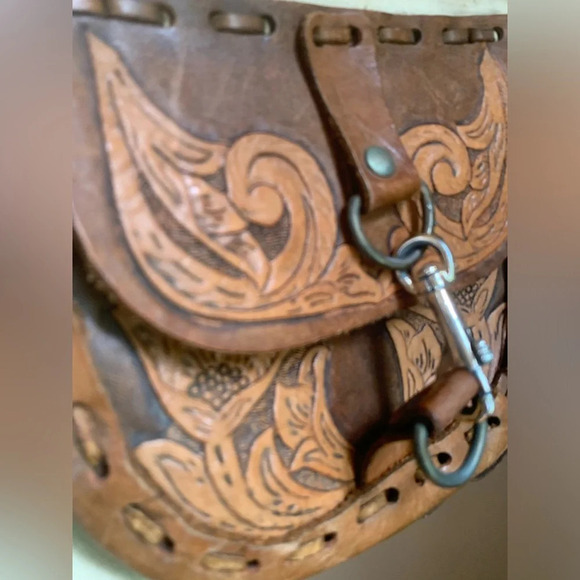 Leather vintage 70’s purse handtooled bag crossbody canvas hippie boho western - Picture 3 of 10